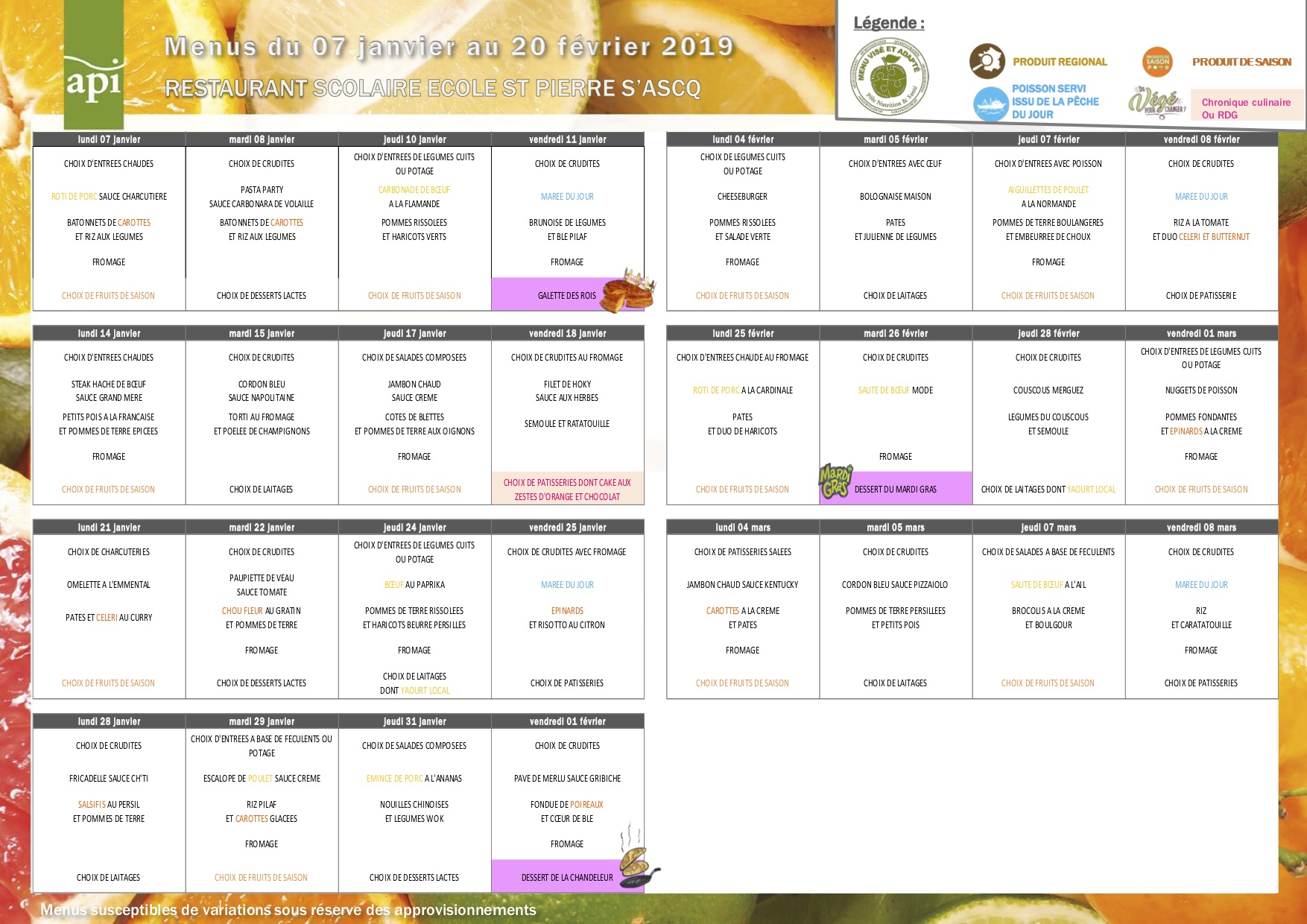 Comment On Dit Cantine En Anglais Menu de la cantine : Janvier-Février 2019 - Ecole Saint Pierre d'Ascq